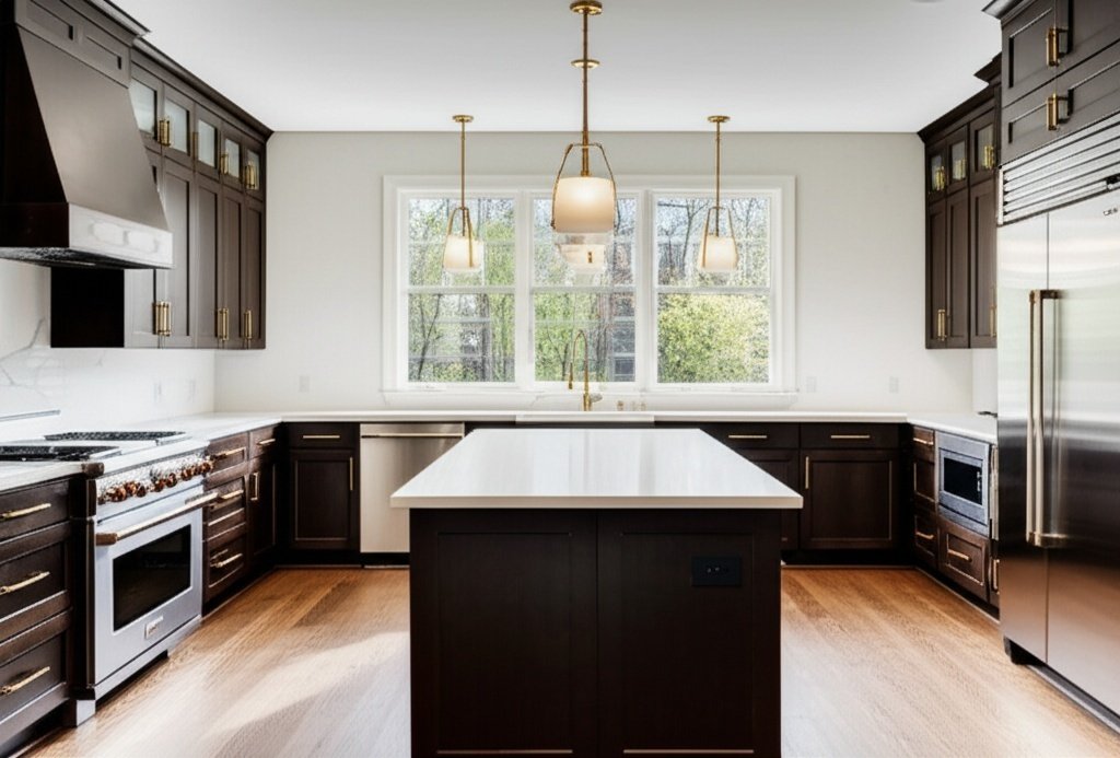 Luxurious modern kitchen remodel in Channelview with white quartz countertops and gold hardware